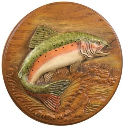 Wall Plaque Art MOUNTAIN Lodge Jumping Rainbow Trout Fish Multi-Color Resin