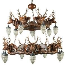 Chandelier MOUNTAIN Lodge Stag Head Deer 2-Tier Tiered 14-Light Chocolate Brown