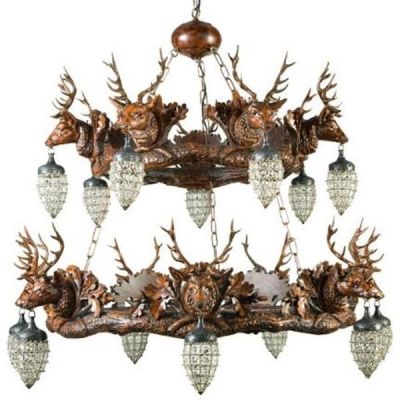 Chandelier MOUNTAIN Lodge Stag Head Deer 2-Tier Tiered 14-Light Chocolate Brown