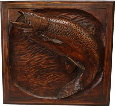 Plaque MOUNTAIN Lodge Jumping Rainbow Trout Fish Coffee Brown Resin
