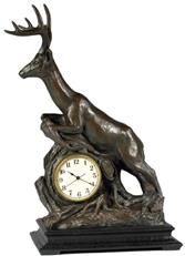 Mantel Clock Lodge Leaping Whitetail Deer Chocolate Brown Cast Resin