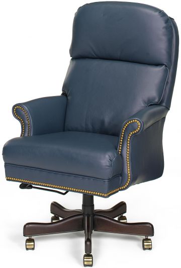 Office Chair Executive Navy Blue Poly Fiber Seat Fill Back Leather Tabacco