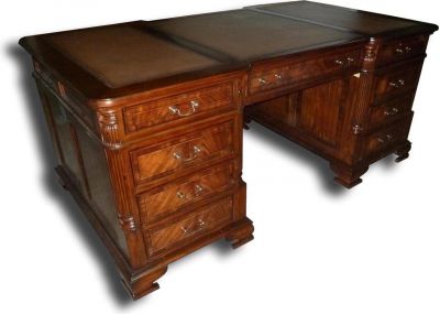 Office Desk English Mahogany Leather Top Banded Inlay Bracket Feet 8-Drawer