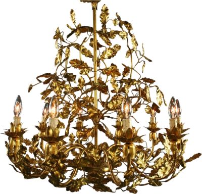 Large Italian Chandelier with Golden Leaves, New, 8 Arms, 31 Tall