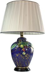 Italian Majolica Table Lamp, Hand-Painted Blue Glaze, Lemons and Fruit w/ Leaves