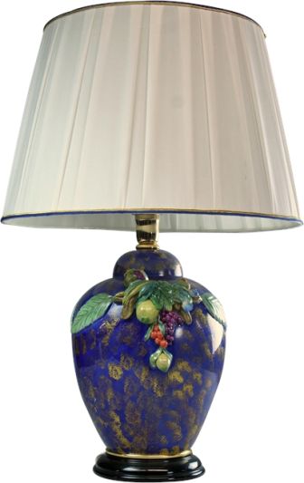 Italian Majolica Table Lamp, Hand-Painted Blue Glaze, Lemons and Fruit w/ Leaves
