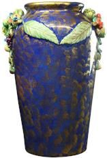 Large Italian Majolica Umbrella Stand Vase Jardiniere, Blue and Gold, Fruit