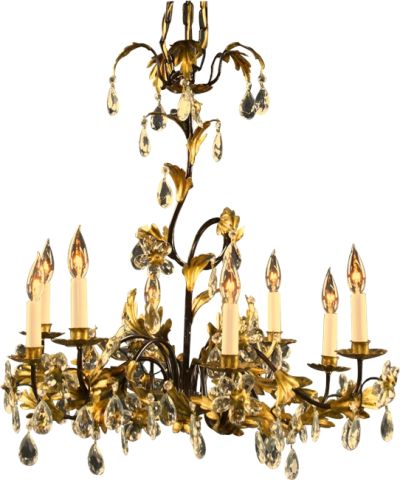 Italian 8-Arm Chandelier, Entwined Gold Leaves, Clear Glass Crystals, P-36-0