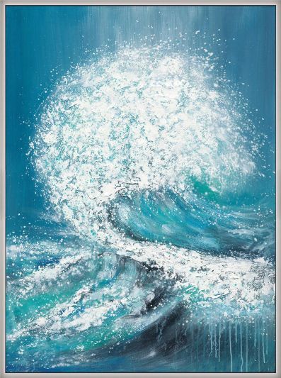 Painting Coastal Beach Waves Ocean Blue White Polyester Canvas Framed