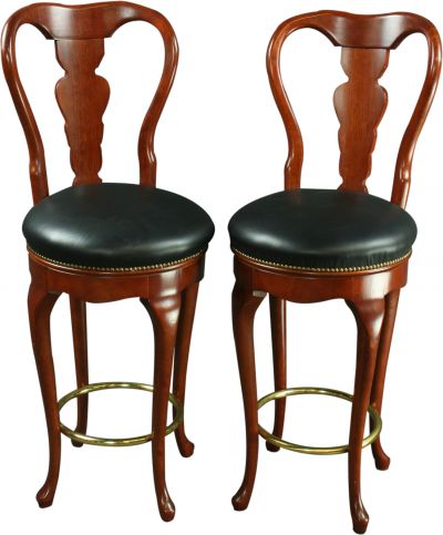 Pair Queen Anne New Bar Stools, Mahogany/Faux Leather, Swivel Seats