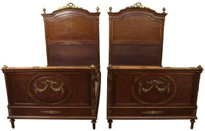 Pair of Beds Antique Louis XVI French Mahogany Ormolu Garland Brass Accents