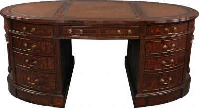 Partners Desk Flame Mahogany Wood, Hand-Tooled Leather, Oval Desk