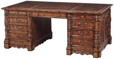 Partners Desk Scarborough House Burl Walnut, Brown Leather, Brass, File Drawer