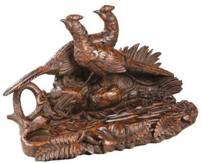 Pen Holder Desk Tray Pheasant Birds Rustic Carved Hand Painted OK Casting Resin