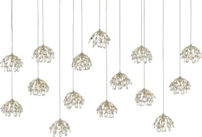 Pendant Light CURREY CRYSTAL BUD Rectangular 15-Light Contemporary Silver Leaf
