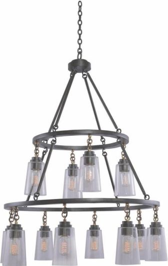 Pendant Light KALCO DILLON Industrial 2-Tier Tiered 12-Light Milled Iron Clear