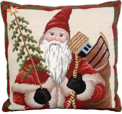 Pillow Throw Colonial Santa 18x18 Beige Needlepoint Canvas Poly Insert Wool