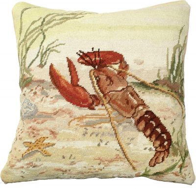 Pillow Throw Lobster 18x18 Down Insert Cotton Velvet Back Wool Zippered