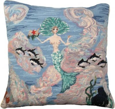 Pillow Throw Needlepoint Mermaid 18x18 Cotton Velvet Back Down Insert Wool