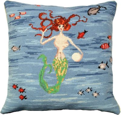 Pillow Throw Needlepoint Mermaid 18x18 Wool Cotton Velvet Back Down Insert