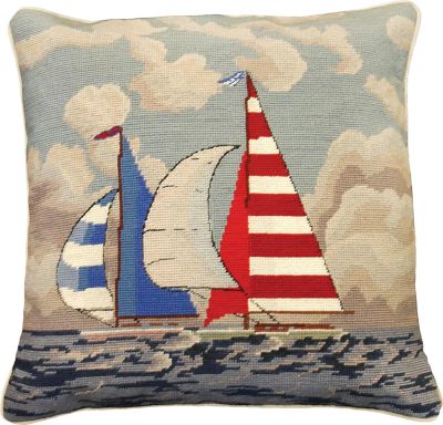 Pillow Throw Needlepoint Striped Sailboat 18x18 Cotton Velvet Back Down Insert