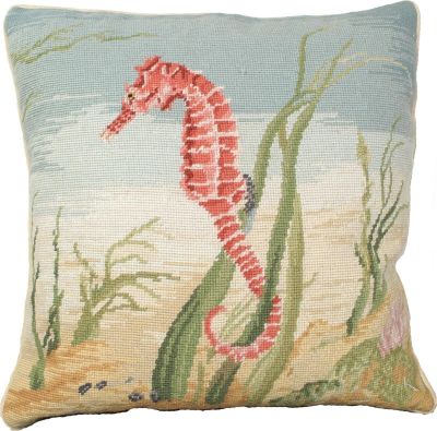 Pillow Throw Sea Horse 18x18 Coral Pink Down Insert Cotton Velvet Back Wool