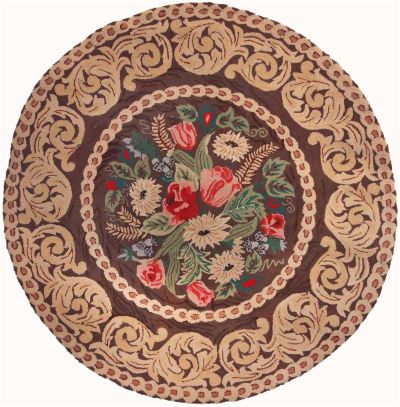 Rug LANIER Floral Round 10x10 Black Brown Taupe Red Beige Cotton Cloth Back