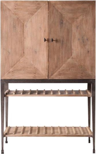 Wine Bar SARREID ALDRICH Transitional Tan Iron Base Solid Oak Glass Storage 2