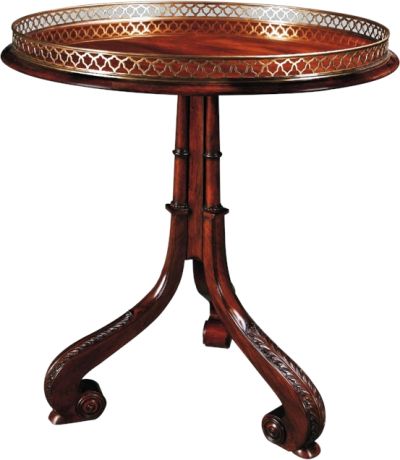 Scarborough House Occasional Table, Crotch Mahogany Elegant Brass Gallery