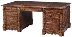 Partners Desk Scarborough House Burl Walnut, Brown Leather, Brass, File Drawer