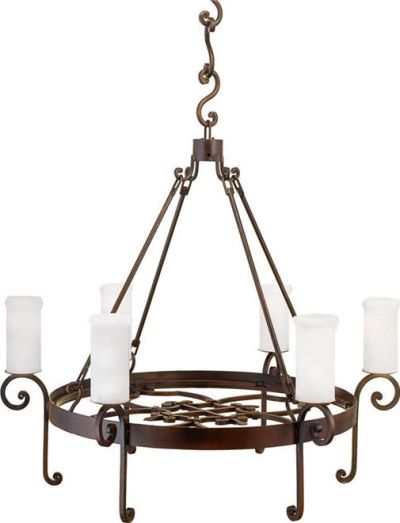 Chandelier Castile Round Forged Iron Old World Shields S-Scroll 6-Light Candles