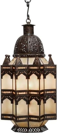 Lantern Arabian Middle Eastern Hand-Worked Recycled Tin Frosted Glass Bronze