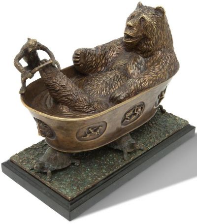 Scarborough House Bathing Bear Statue, Monkey, Turtle, Verdigris Brass, Stone