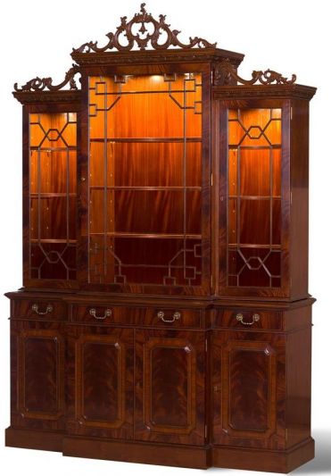 Scarborough House Breakfront Crotch Mahogany Bookcase, Hand Carved Crowns, Glass