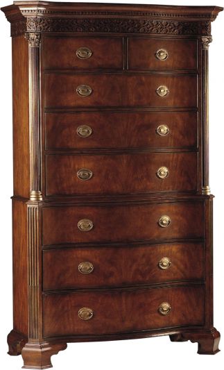 Scarborough House Chest on Chest Crotch Mahogany Carved, Brass Accents, 82 Tall