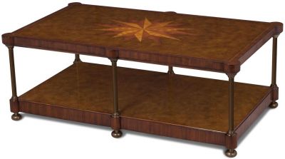 Scarborough House Cocktail Table, Mixed Marquetry, Iron Posts, Brass Accents
