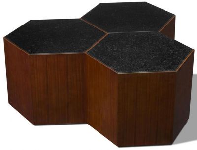 Scarborough House Cocktail Table Walnut Hexagons, Black Glass Faux Marble Top