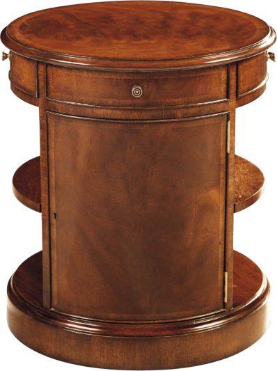 Scarborough House Drum Stand Table, Crotch Mahogany, Adjustable Shelves, Doors