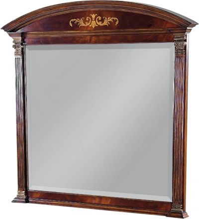 Scarborough House Mirror 46x43, Arched Crotch Mahogany, Marquetry Inlay, Brass