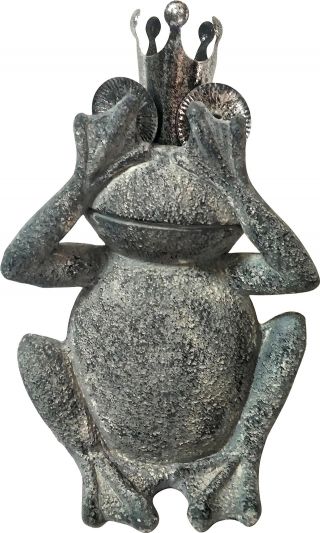 Sculpture Contemporary Frog Covering His Eyes Gray Hammered Red Black Nickle