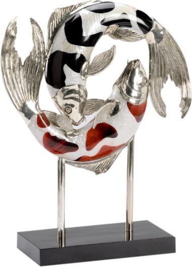 Sculpture Koi Fish Crackled Red Tiger Penshell Silver-Plated Black Silver