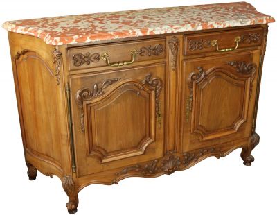 Server Sideboard Louis XV French Rococo 1920 Walnut Curved Pink Marble Top 2Door