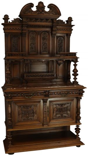 Server Sideboard Renaissance Antique French 1890 Carved Walnut Marble Signed LaLaurette