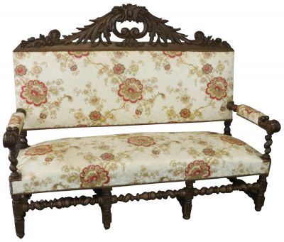 Settee Renaissance Hunting French Antique 1880 Carved Oak, Floral Upholstery