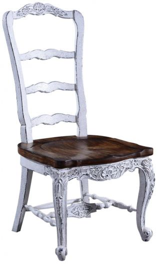 Side Chair Dining French Country Farmhouse White Wood, Floral Carved Saddle Seat