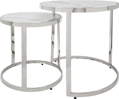 Side Table GLAM Modern Contemporary Round Silver Set 2 Glass