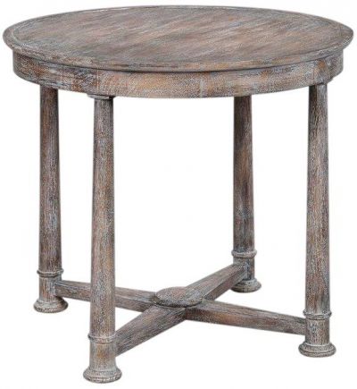 Side Table Round Weathered Ceruse Wire-Brushed Acacia Wood Pillar Legs Stretcher
