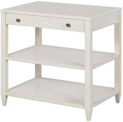 Side Table Wide Rectangular Drift White Painted Wood Gray Distressing Brass