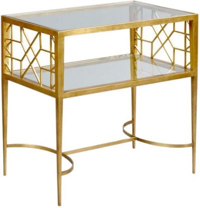 Side Table Woodbridge Verona Glass Top Gold Leaf Fretwork Forged Steel Shelf