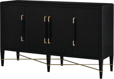 Sideboard CURREY VERONA Black Lacquer Champagne Hardware Stretchers Solid Wood